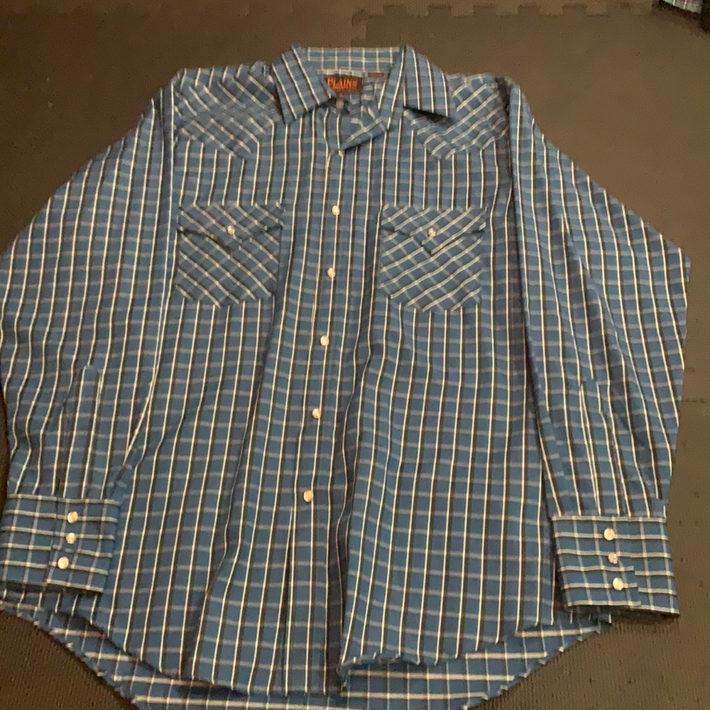 Plains Western Wear Blue and Black Button Down Long Sleeved Shirt Size Medium